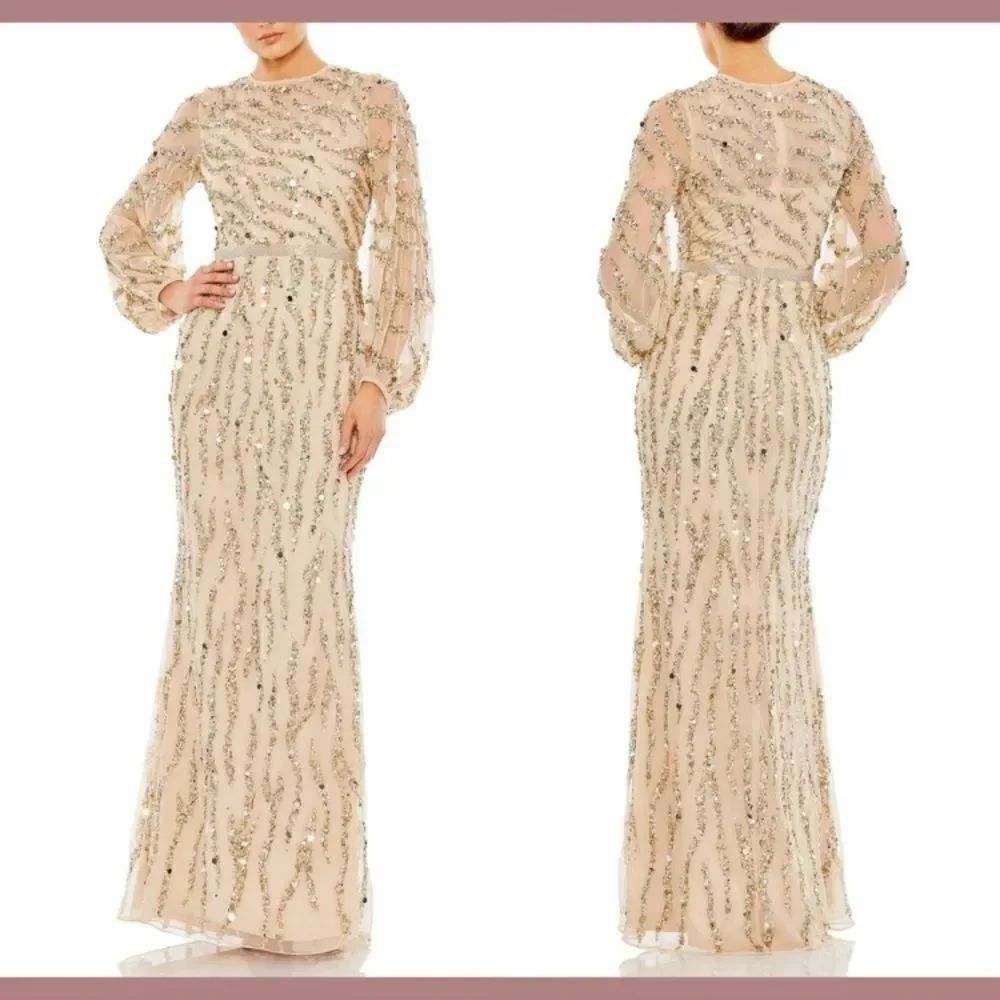 Mac Duggal Bishop sleeve embellished dress 93789 Nude Gold Size 16 NWT